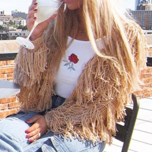 Sweaters - Last 1! Fringe Open Front Sweater Cardigan Tan